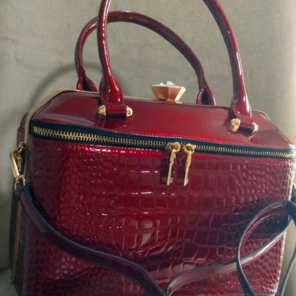 Red Crocodile-Embossed Satchel with Silver Hardware